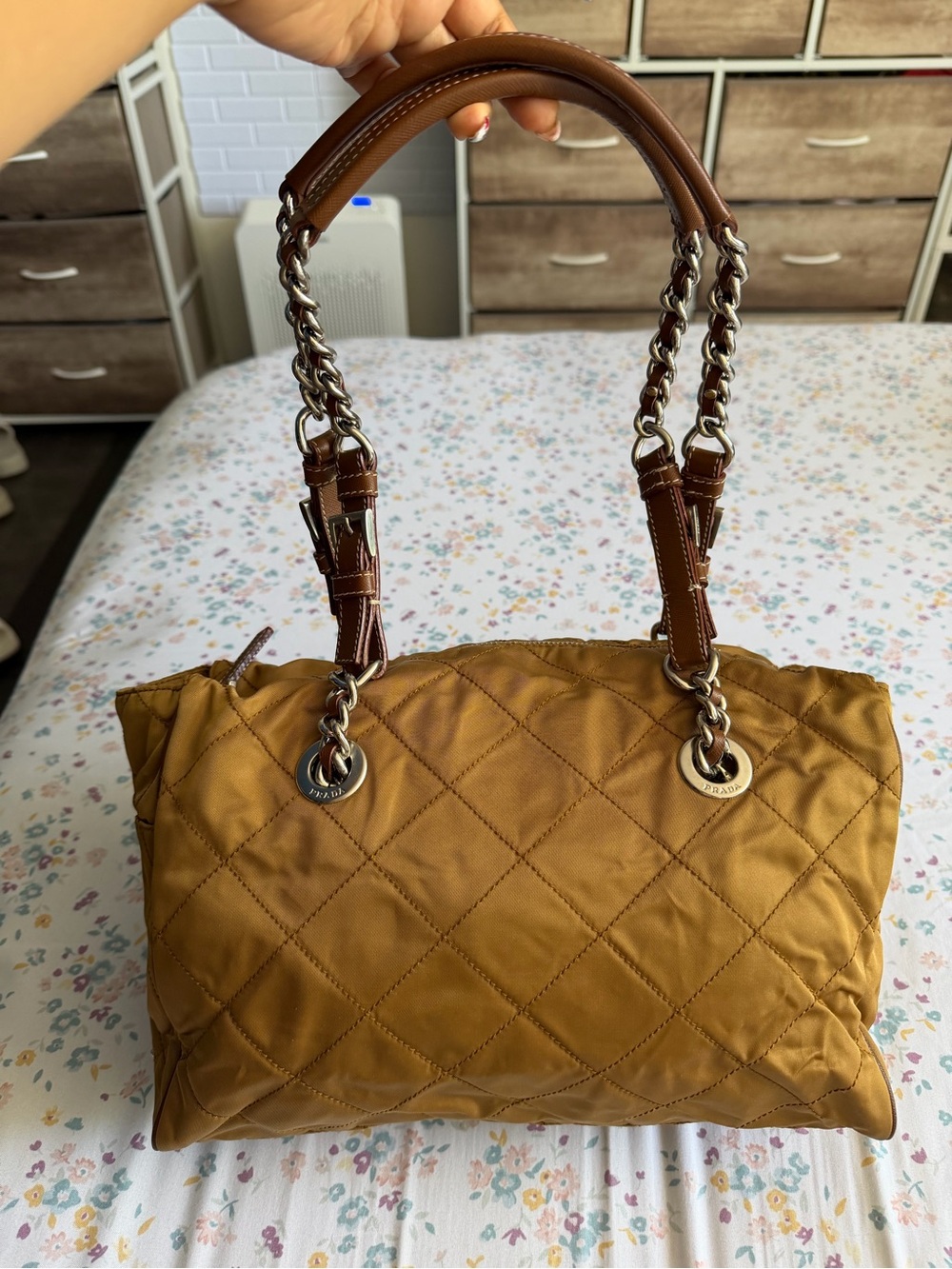 Prada Quilted Mustard Brown Shoulder Bag with Chain-Strap Handles